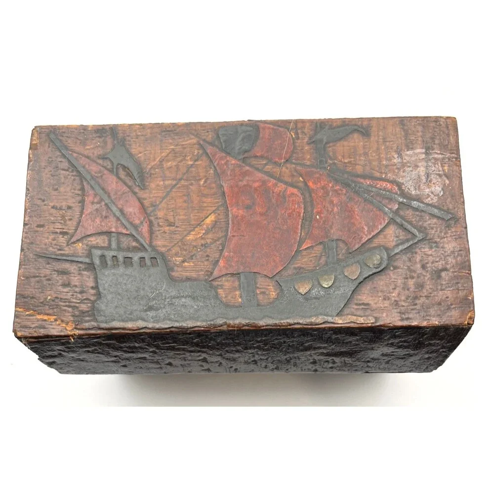 Vtg 1940s Wooden Nautical Trinket Box Ship Folk Art Lift-Out Tray Keepsake Chest